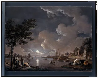 Paysage fluvial au clair de lune