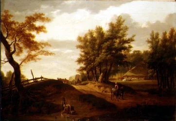 Paysage boisé avec un chariot et des paysans voyageant sur une route, une lavandière à un étang et une ferme au-delà