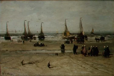 Paysage côtier avec bateaux de pêche et pêcheurs