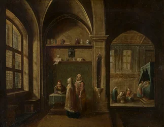 Un intérieur de la Renaissance avec des figures : La naissance de Saint Jean