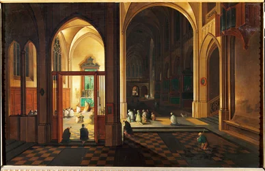 Messe dans une église catholique. Huile sur cuivre