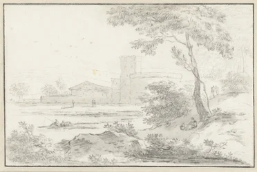 Paysage italianisant avec bâtiment fortifié en arrière-plan
