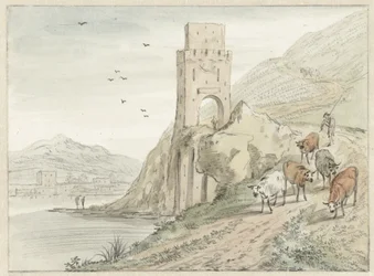 Paysage fluvial italianisant avec montagnes et tour de porte
