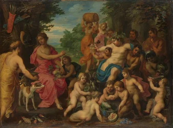 Diane se voit offrir du vin et des fruits par Bacchus et sa suite