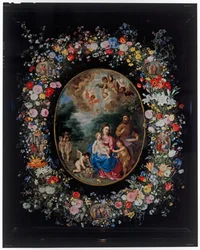 La Sainte Famille et le petit Saint Jean-Baptiste et des anges dans un paysage