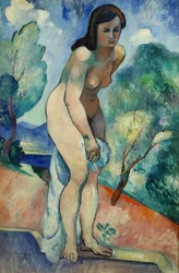 Jeanne au bord de la piscine (huile sur toile)