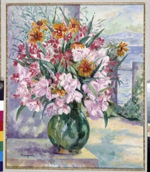 Vase de fleurs sur terrasse devant la mer 1941