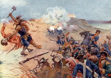 Bataille de Fort Carillon le 8/07/1758 entre les troupes françaises et britanniques alliées aux Mohawks à Ticonderoga, au sud du lac Champlain (New York)