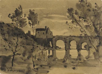 Paysage fluvial avec pont et maison