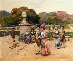 Figures élégantes se promenant dans un parc (huile sur panneau)
