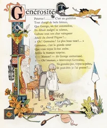 Lettre G Générosité - Gendarme Grue Guêpe Godets Giroflée Gourde Grenouille - Gravure dans "Alphabet des bons exemples" - Jules Levy, éditeur - Illustrations de Henri Boulanger, alias Henri Gray (1858-1924). Textes (poèmes) de Mme P. Boulanger