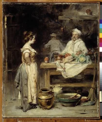 La cuisine : un cuisinier et une servante dans une cuisine
