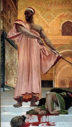 Exécution sans procès sous les rois maures. Le bourreau fend la tête du coupable. Peinture de Henri Regnault (1843-1871), 1870, dimensions 3,02 x 1,46 m, Paris, musée d