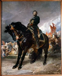 Révolution de septembre (Gloriosa) : « Général Juan Prim (1843-1871) chevauchant devant Madrid, à la tête des insurgés de la Révolution espagnole le 8 octobre »