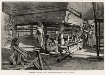 Femmes Batak, groupe ethnique de Sumatra Nord, tissant. Gravure par Laurent Desrousseaux pour illustrer l