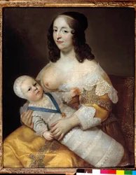 Représentation du futur roi Louis XIV (1638-1715) bébé, en maillot de bain dans les bras de sa nourrice Marie de Longuet de la Giraudière