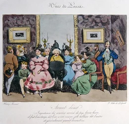 Représentation humoristique du comportement et de la conversation des invités avant le dîner, gravée par François Séraphin Delpech (1778-1825)