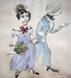 Couple avec un bouquet". Aquarelle d