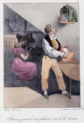 Homme qui élève des oiseaux pendant que sa femme le trompe : « Chacun prend son plaisir où il le trouve » - dans « Les pastemps » par Henry Monnier, éd. Delpech, Paris, v.1830