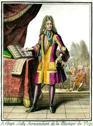 Portrait en pied de Jean Baptiste Lully (Giovanni Battista Lulli) (1632-1687) Surintendant de la Musique du Roi. Gravure par Henri Bonnart (1642-1711)