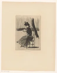 Femme avec un livre et un parapluie sur une chaise dehors