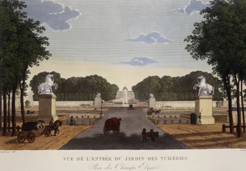 Entrée du jardin des Tuileries vue des Champs-Élysées, vers 1820 - dans "Vues de Paris" par Courvoisier