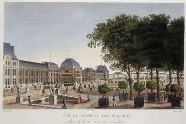 Jardin et Château des Tuileries vus de la terrasse des Feuillants. Gravure par Courvoisier