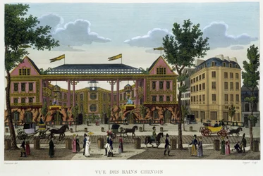 Les Bains Chinois, vers 1820 dans « Vues de Paris » par Courvoisier 1827