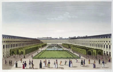 Vue des jardins du Palais Royal, vue des Galeries de Bois, gravée par Aubert Fils, vers 1815-20