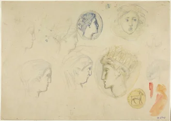 Esquisses : Têtes de profil, pièces ou médailles (recto) ; Arbres (verso)