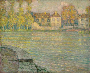 Maisons sur la rivière au soleil couchant, Moret