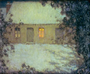 Cottage au toit de chaume sous la neige