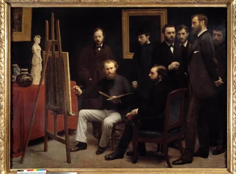 Un atelier aux Batignolles. Parmi les personnages présents : Otto Scholderer, Edouard Manet (1832-1883) assis au centre, Pierre Auguste Renoir (1841-1919), Zacharie Astruc (1835-1907), Emile Zola (1840-1902), Edmond Maître (1840-1888), Frédéric Bazille