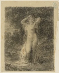 Femme nue debout dans un paysage boisé avec de l