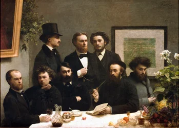 Coin de table : de gauche à droite : Paul Verlaine, Arthur Rimbaud, Elzéar Bonnier, Léon Valade, Émile Blémont, Jean Aicart, Ernest d