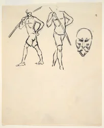 Feuille de croquis [Deux figures et tête stylisée]