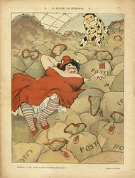 Illustration de Henri Gousse (1872-1914) dans Le Rire, 03/04/09 - La France en léthargie - Social, Grève, Courrier La Poste Postal - Clemenceau George, Marianne