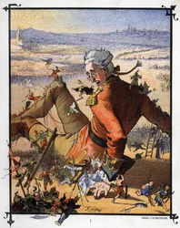 Lemuel Gulliver attaché par les Lilliputiens. Illustration pour « Les Voyages de Gulliver » par Jonathan Swift (1667-1745)