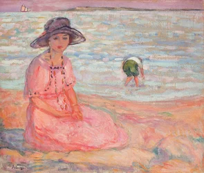Femme à la robe rose au bord de la mer, vers 1920
