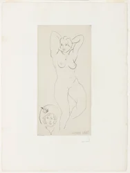 Nu féminin aux bras levés et tête de femme