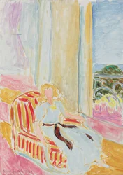 Fille en robe blanche, assise près de la fenêtre