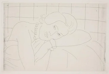 Femme reposant sa tête sur son bras. Demi-figure