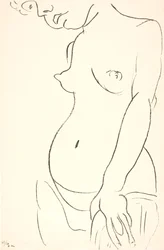 Femme nue en buste, de trois quarts vers la gauche. Le haut de la tête est coupé