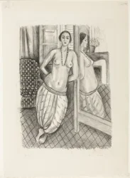 Odalisque en pantalon rayé, reflétée dans le miroir