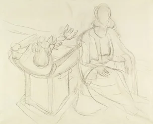 Femme assise - Nature morte avec fleurs sur table (fusain sur toile)