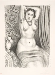 Modèle féminin nu assis, les bras croisés derrière le dos (odalisque)