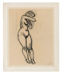 Femme nue debout, en train de se tordre vers le dos