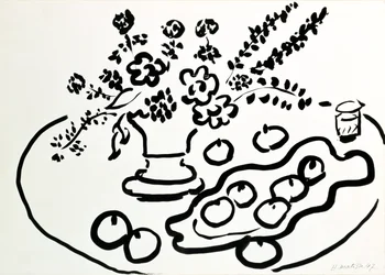 Nature morte avec vase de fleurs et assiette de fruits