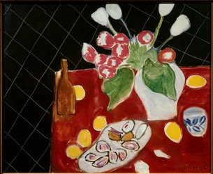 Tulipes et huîtres sur fond noir 1943