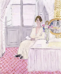 Femme lisant devant une table et un bouquet, Nice